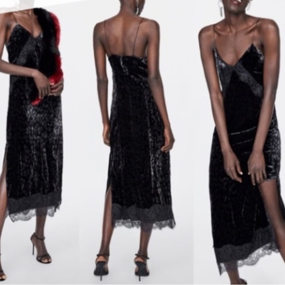 ZARA ~ Velvet black | gray with lace trim dress - Picture 8 of 8